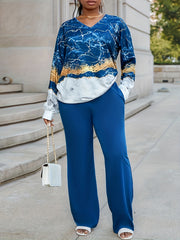 Plus Glitter Marble Print Top & High Rise Pants Outfits 2 Piece Set