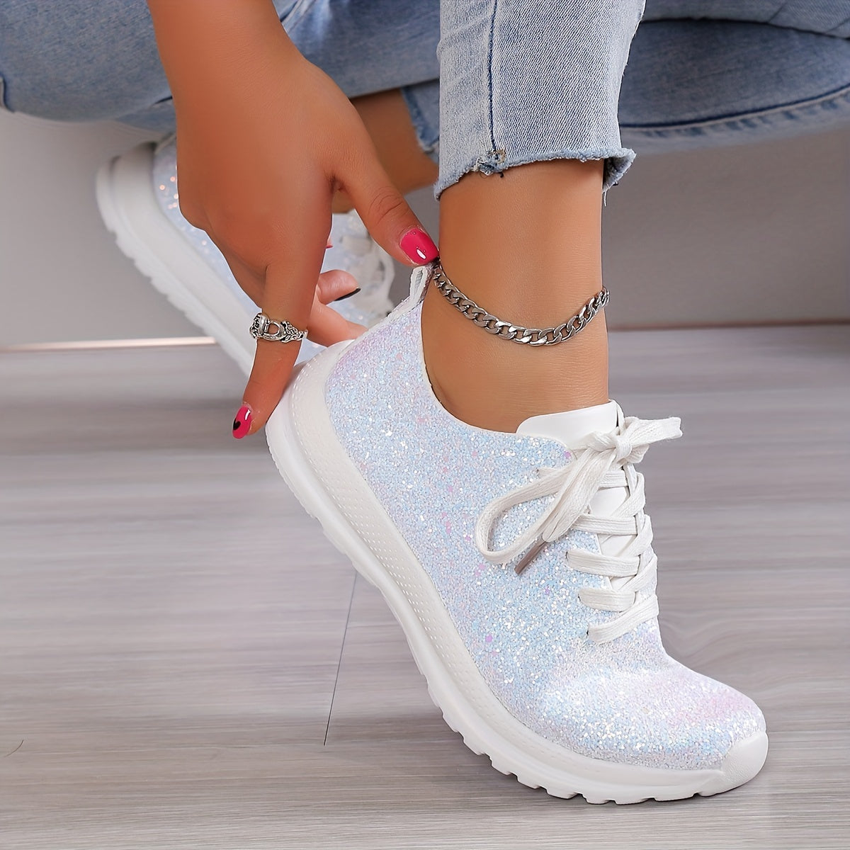 Sequins Decor Glitter Casual Walking Shoes Lightweight Lace Up Running Shoes
