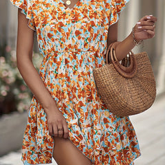 Floral Print Dress Ruffle Trim V Neck Casual Dress