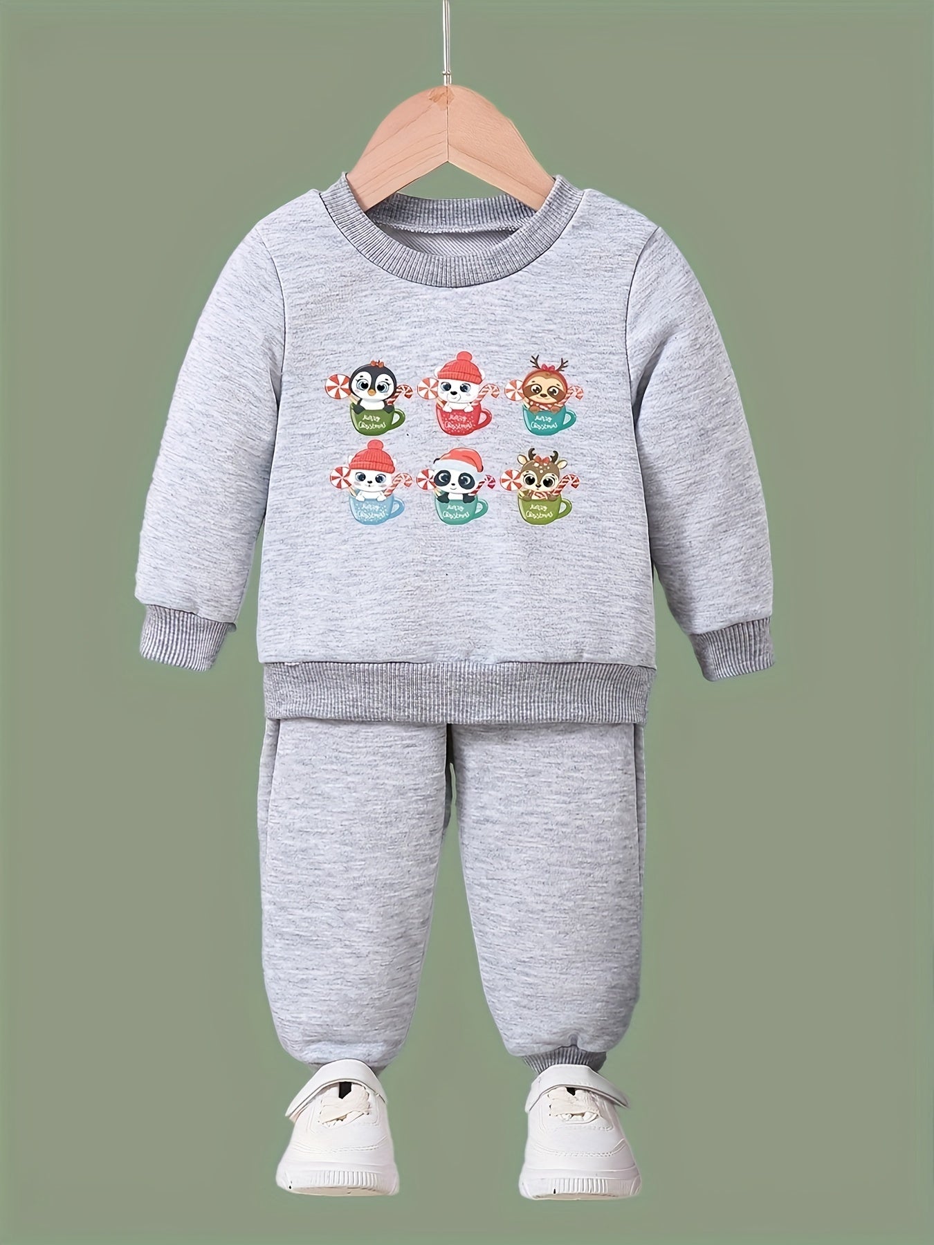 Girls Cartoon Animal Pattern Sweatshirt & Solid Sweatpants Set