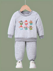 Girls Cartoon Animal Pattern Sweatshirt & Solid Sweatpants Set