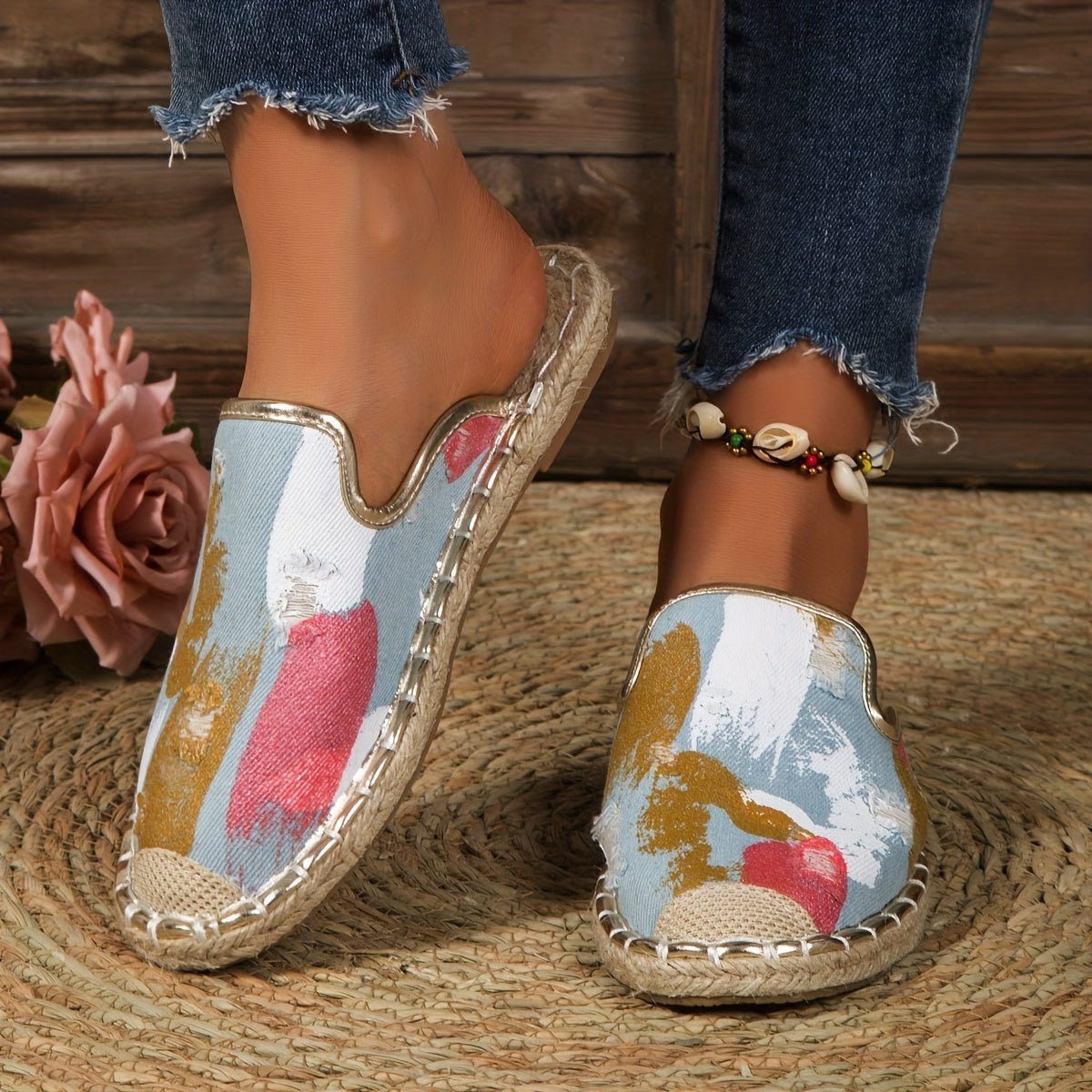 Women's Colorblock Flat Espadrilles Slip On Comfy Half Drag Shoes