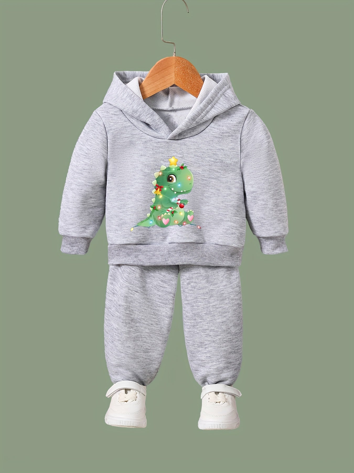 Girls Christmas Dinosaur Hooded Sweatshirt Top Sweatpants Set