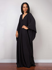 Solid Batwing Sleeve V Neck Beach Kaftan Cover Up
