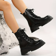 Women's Ankle Combat Boots British Style Round Toe Lace Up Platform Shoes