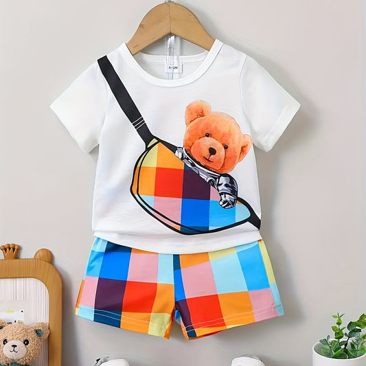 Baby Boy's Bear Print T Shirt & Plaid Shorts Set