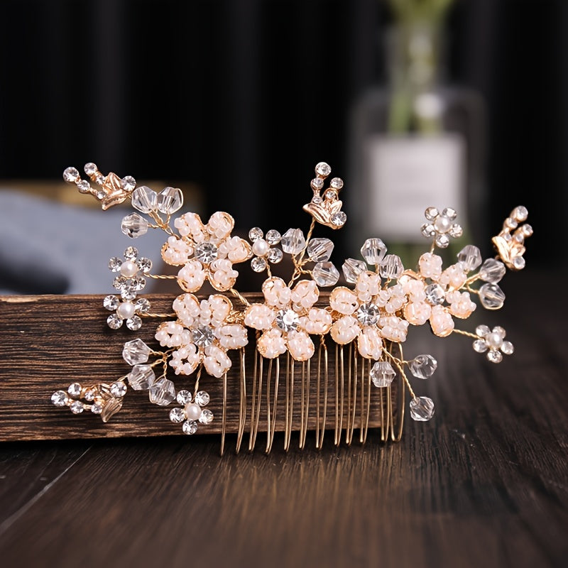 Faux Pearl Crystal Flower Bridal Hair Comb Wedding Hair Accessories Golden