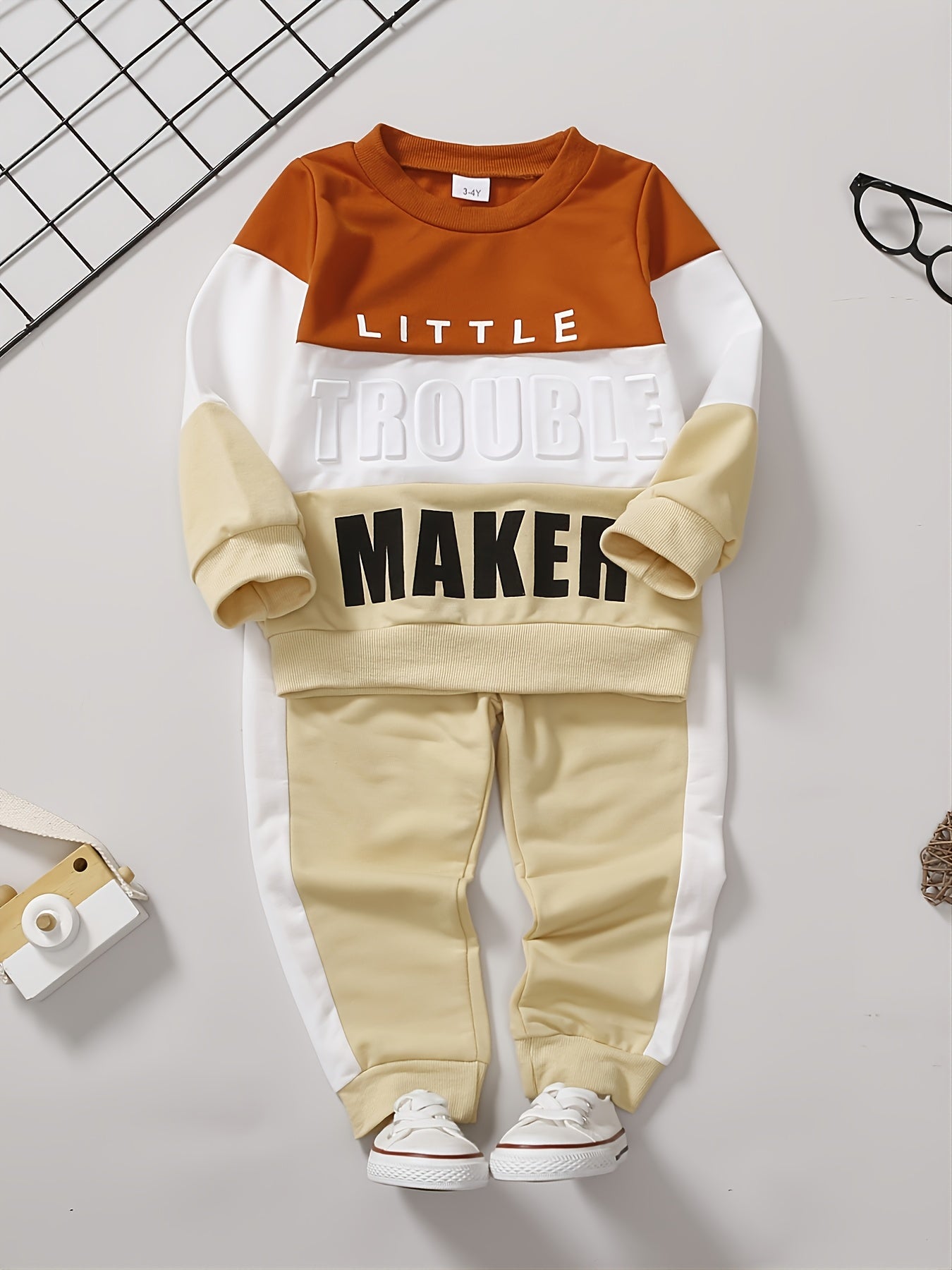 Baby Boys Casual Colorblock Letter Round Neck Sweatshirt Pant Set