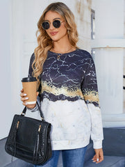 Marble Print Pullover Sweatshirt Crew Neck for Women