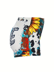 Women's Plus Sunflower & Art Letter Print Tie Dye Elastic High Rise Shorts