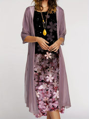 Print Long Dress & Sleeve Cardigan Outfits for W