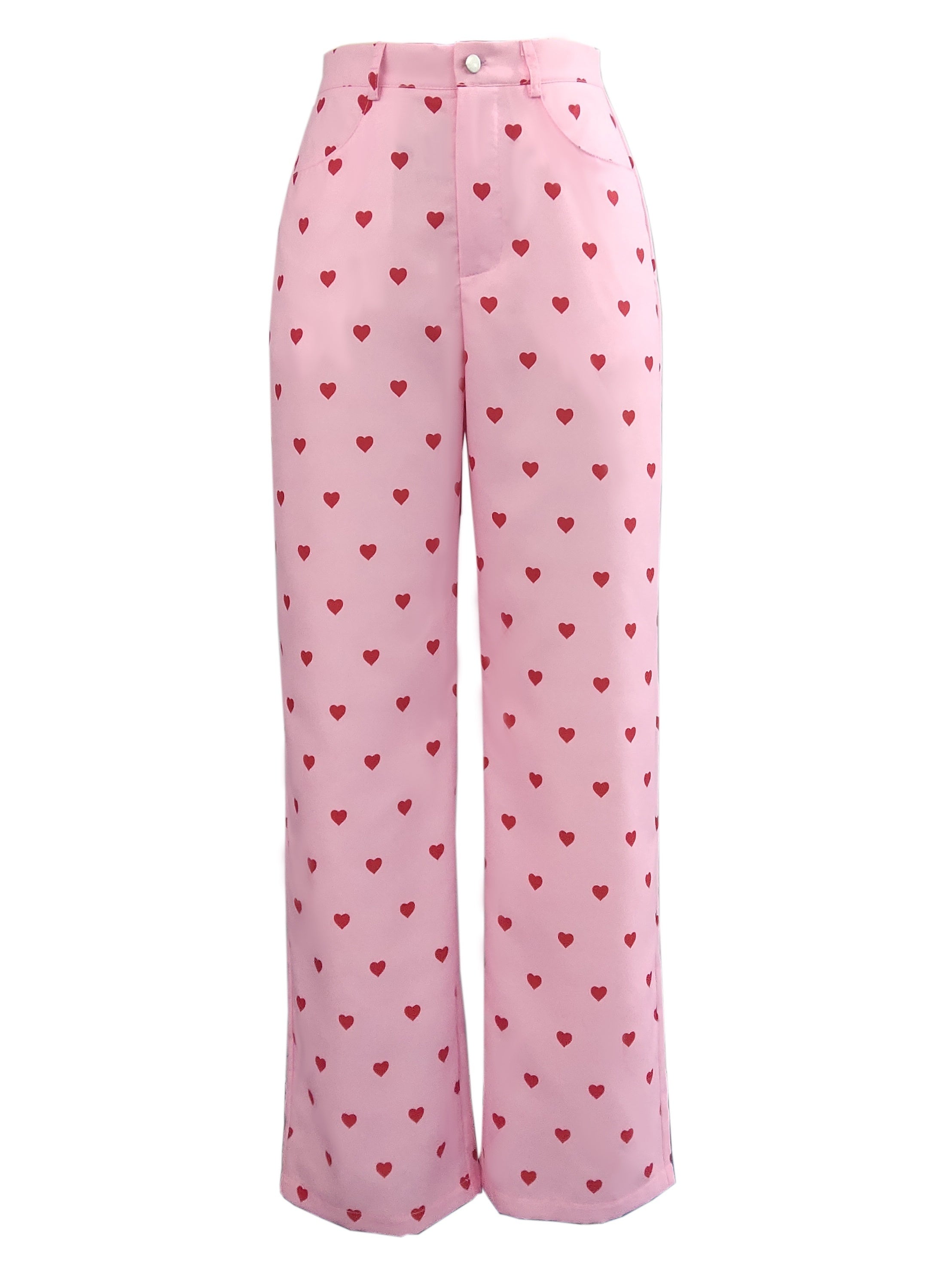 Y2K Heart Print Wide Leg Pants High Waist Button Pants