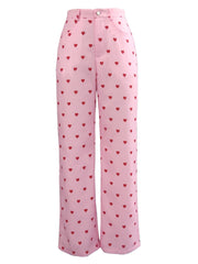 Y2K Heart Print Wide Leg Pants High Waist Button Pants