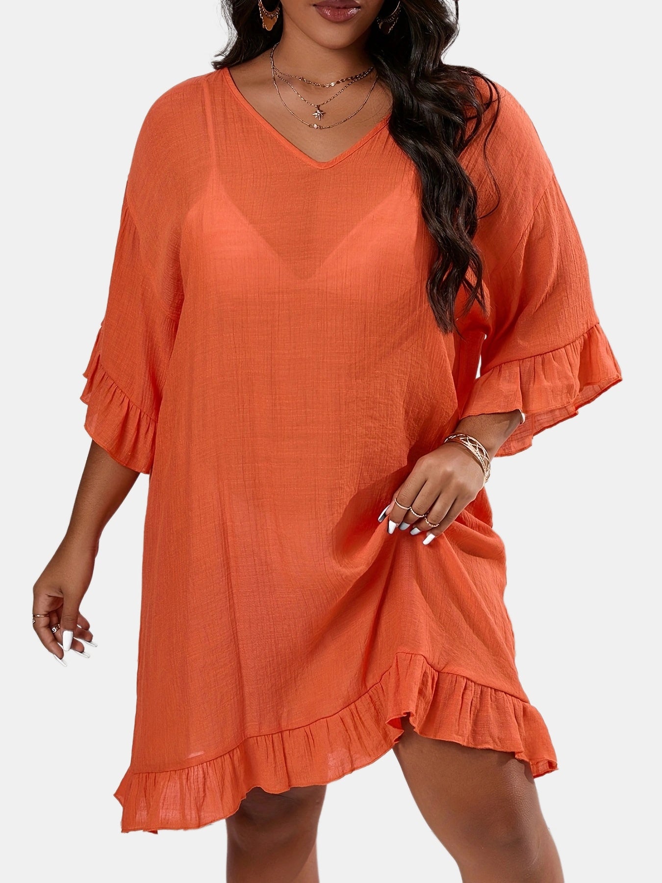Ruffle Trim V Neck Cover Up Dress