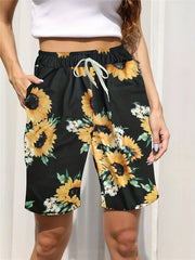 Sunflower Print Shorts Elastic Waist Summer Shorts Women's Clothing