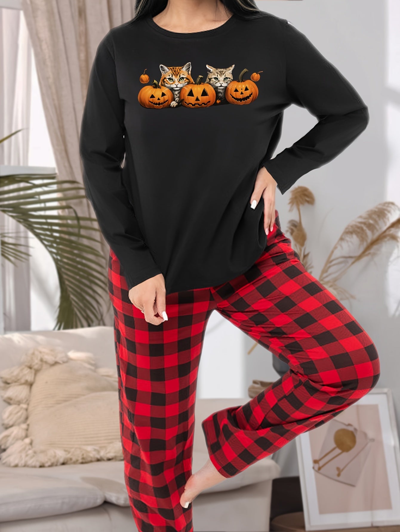 Halloween Pajama Set Pumpkin & Cats Print Tee & Plaid Pants Loungewear