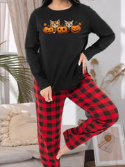 Halloween Pajama Set Pumpkin & Cats Print Tee & Plaid Pants Loungewear