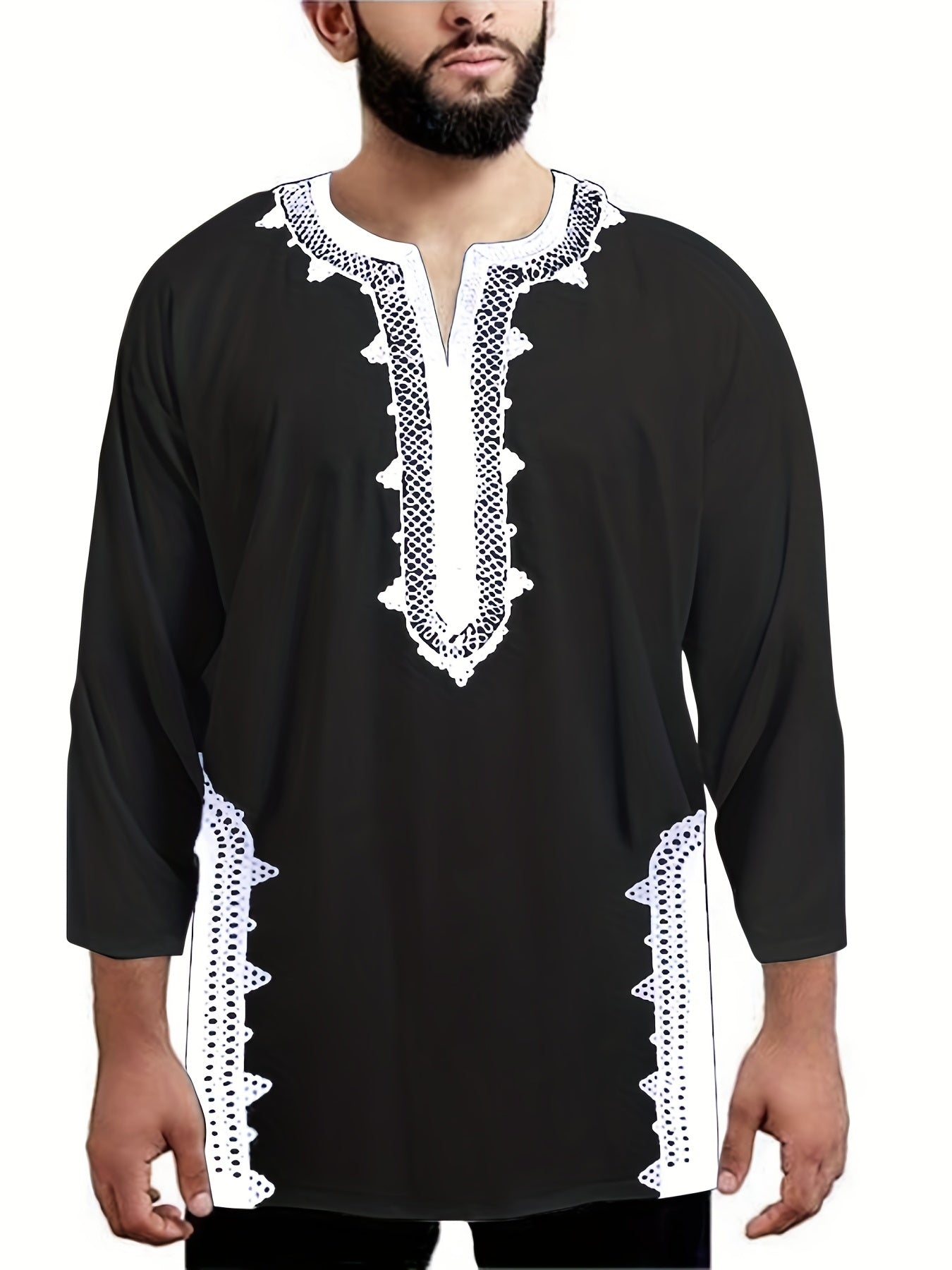 Men's Casual Ethnic 3 4 Sleeve Stand Collar Shirt Vintage Trachten Shirt
