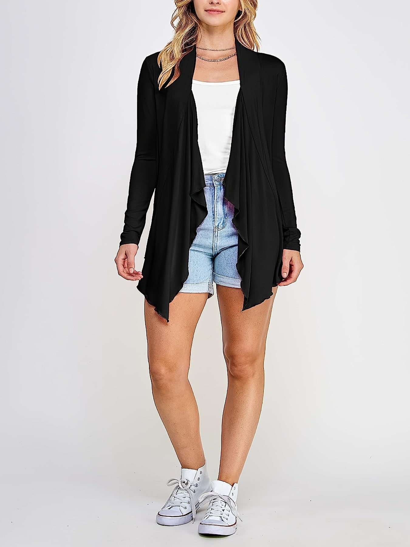 Solid Long Sleeve Open Front Stretch Cardigan