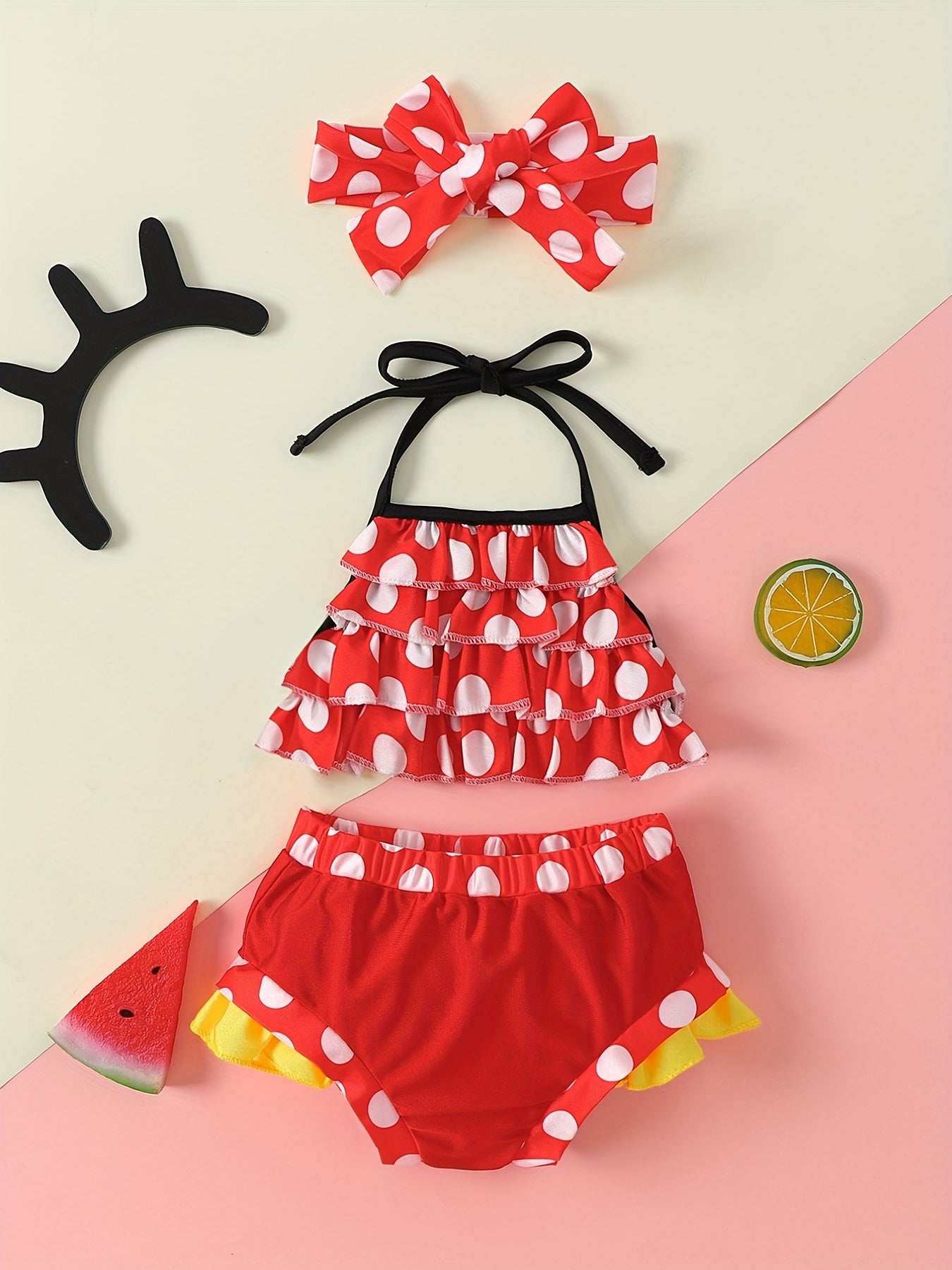 Baby Girls Polka Dot Halter Top & Shorts Swimsuit Headwear Set