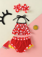 Baby Girls Polka Dot Halter Top & Shorts Swimsuit Headwear Set