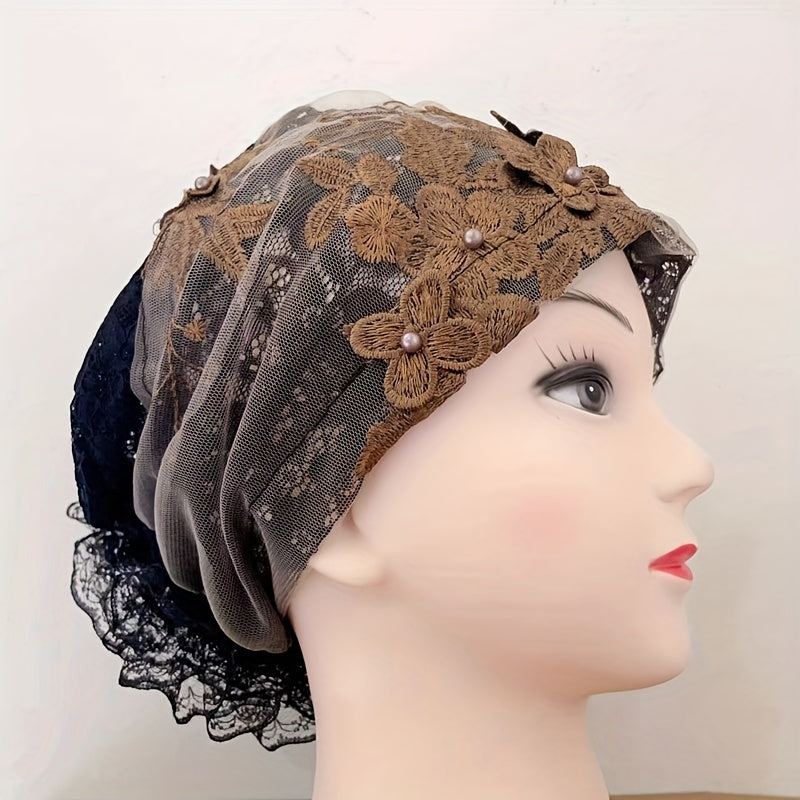 Flower Embroidery Turban Cap Faux Pearl Decor Lace Beanie Ramadan Head Wrap
