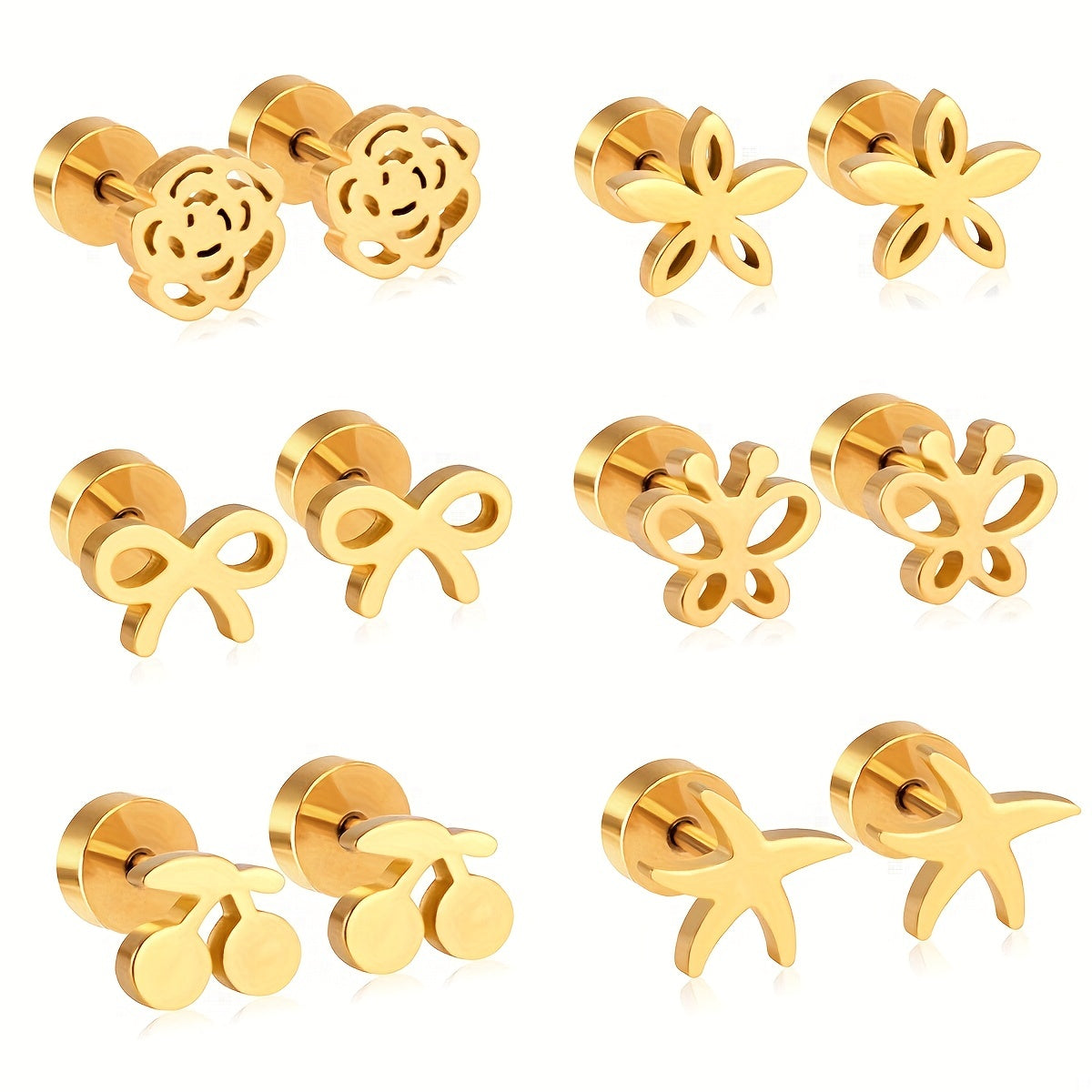 6pairs Butterfly Flower Cherry Bowknot Stud Earrings Golden Ear Jewelry
