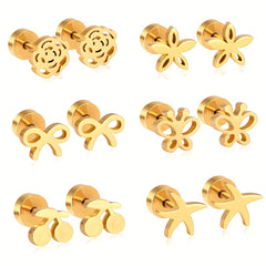 6pairs Butterfly Flower Cherry Bowknot Stud Earrings Golden Ear Jewelry