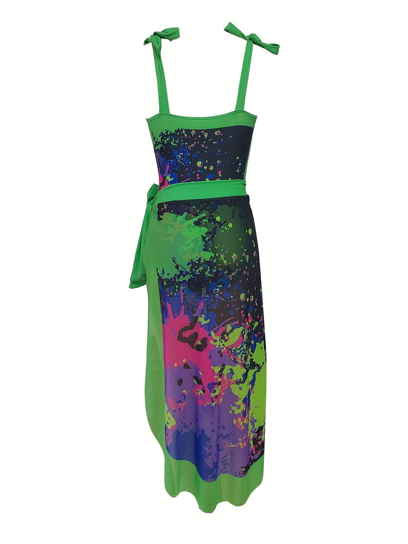 Green Graffiti Print Tie Shoulder One Piece Swimsuit Set