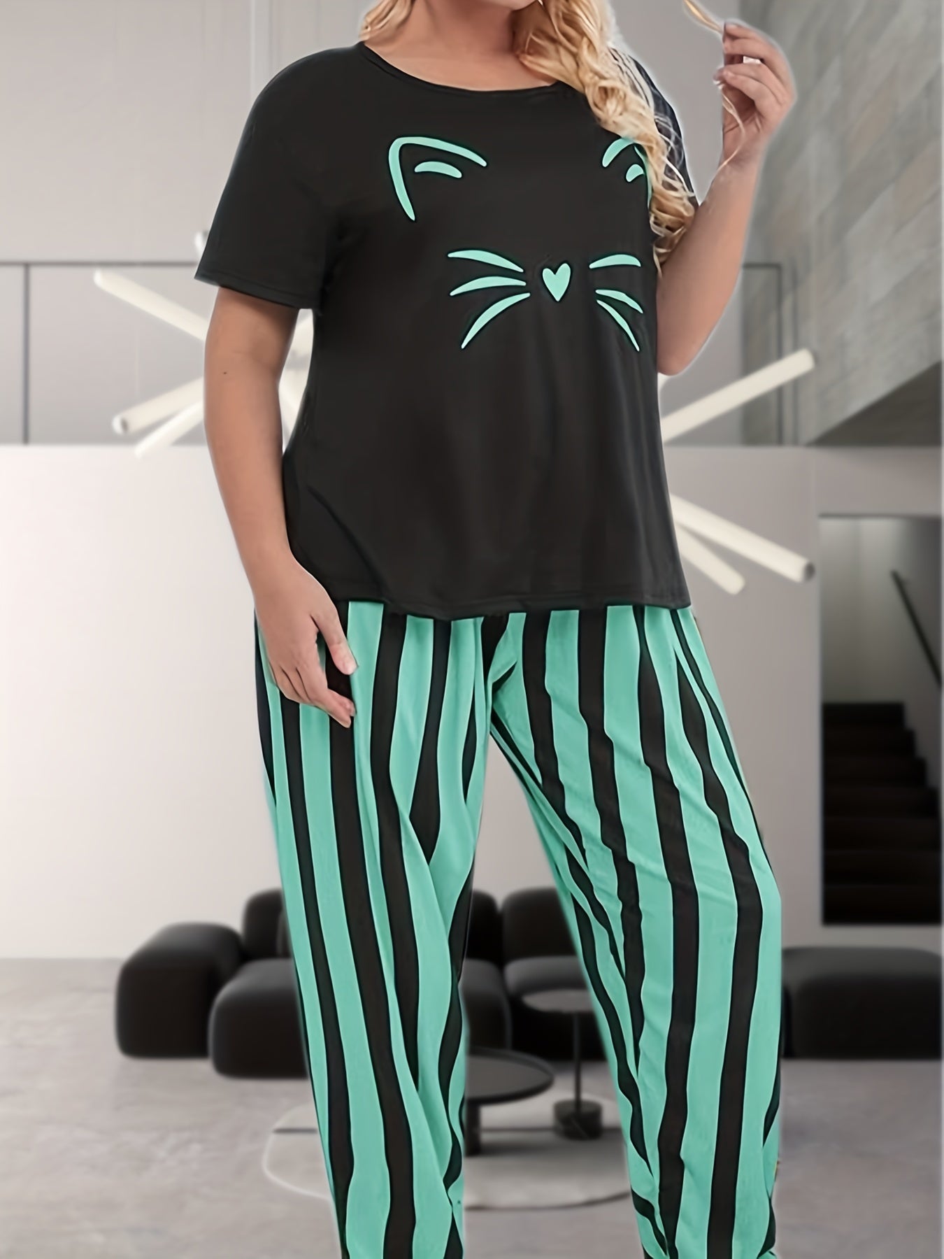 Cat Print Pajama Set Women's Plus Short Sleeve Top & Striped Pants