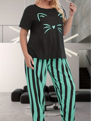 Cat Print Pajama Set Women's Plus Short Sleeve Top & Striped Pants