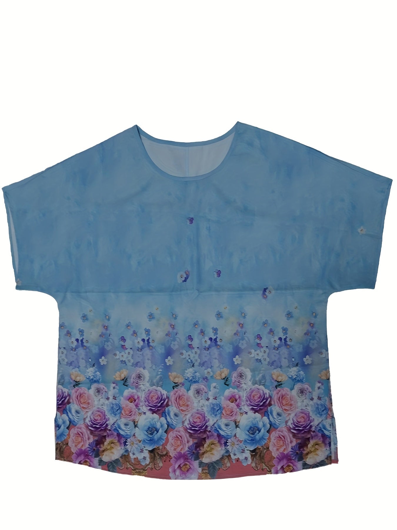 Casual Blouse Women's Plus Floral Print Short Sleeve Round Neck Split