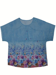 Casual Blouse Women's Plus Floral Print Short Sleeve Round Neck Split