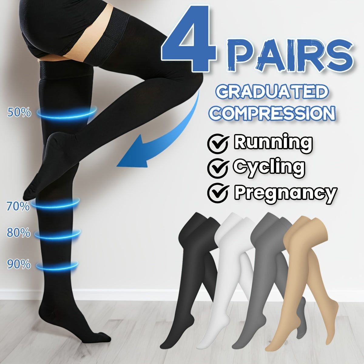 4 Pairs Thigh High Copper Sports Compression Socks For Women Men 15-25 Mmhg
