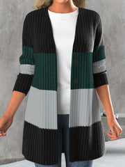 Colorblock Button Front Knitted Cardigan Long Sleeve Casual Fall Winter