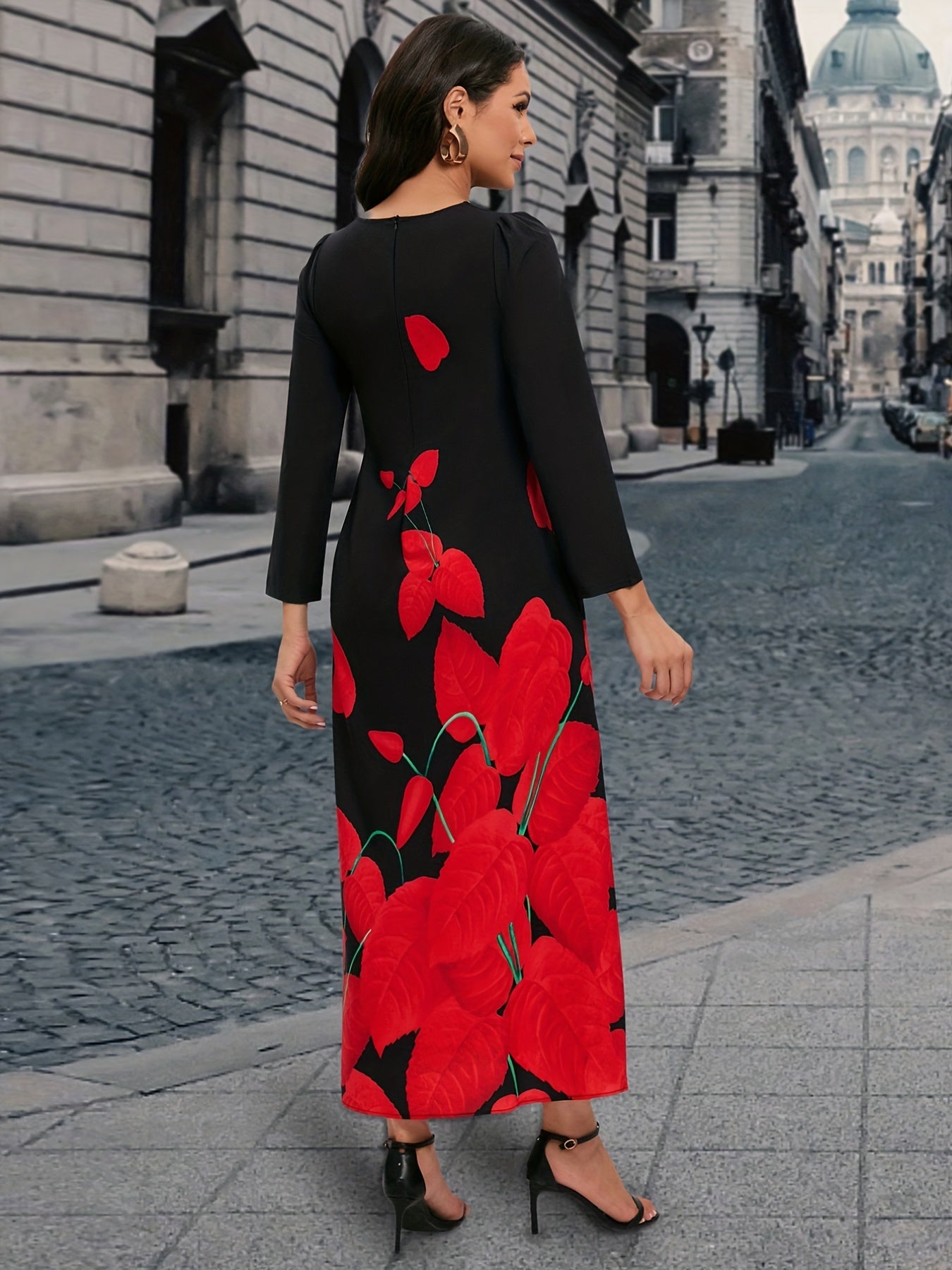 Plant Print V Neck Dress Long Sleeve Maxi Dress Women's Clothing