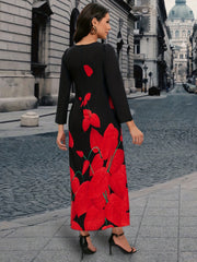 Plant Print V Neck Dress Long Sleeve Maxi Dress Women's Clothing