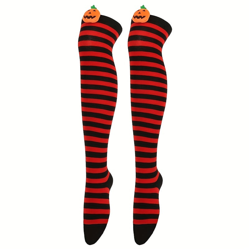 Striped Thigh High Socks Halloween Pumpkin Decor Over The Knee Socks