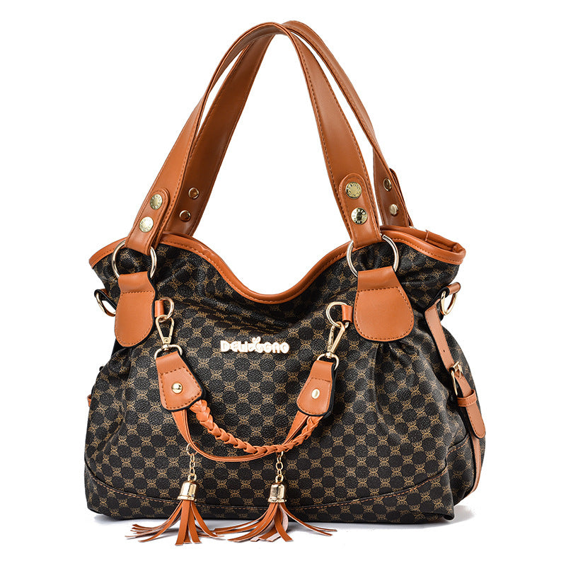Floral Print Shoulder Bag Tassel Decor Faux Leather Purse