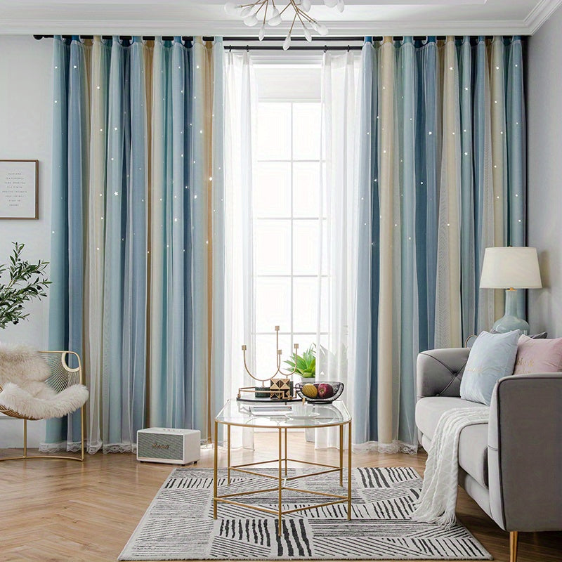 Romantic Double Striped Curtains Glow In Dark Stars for Living Room Bedroom
