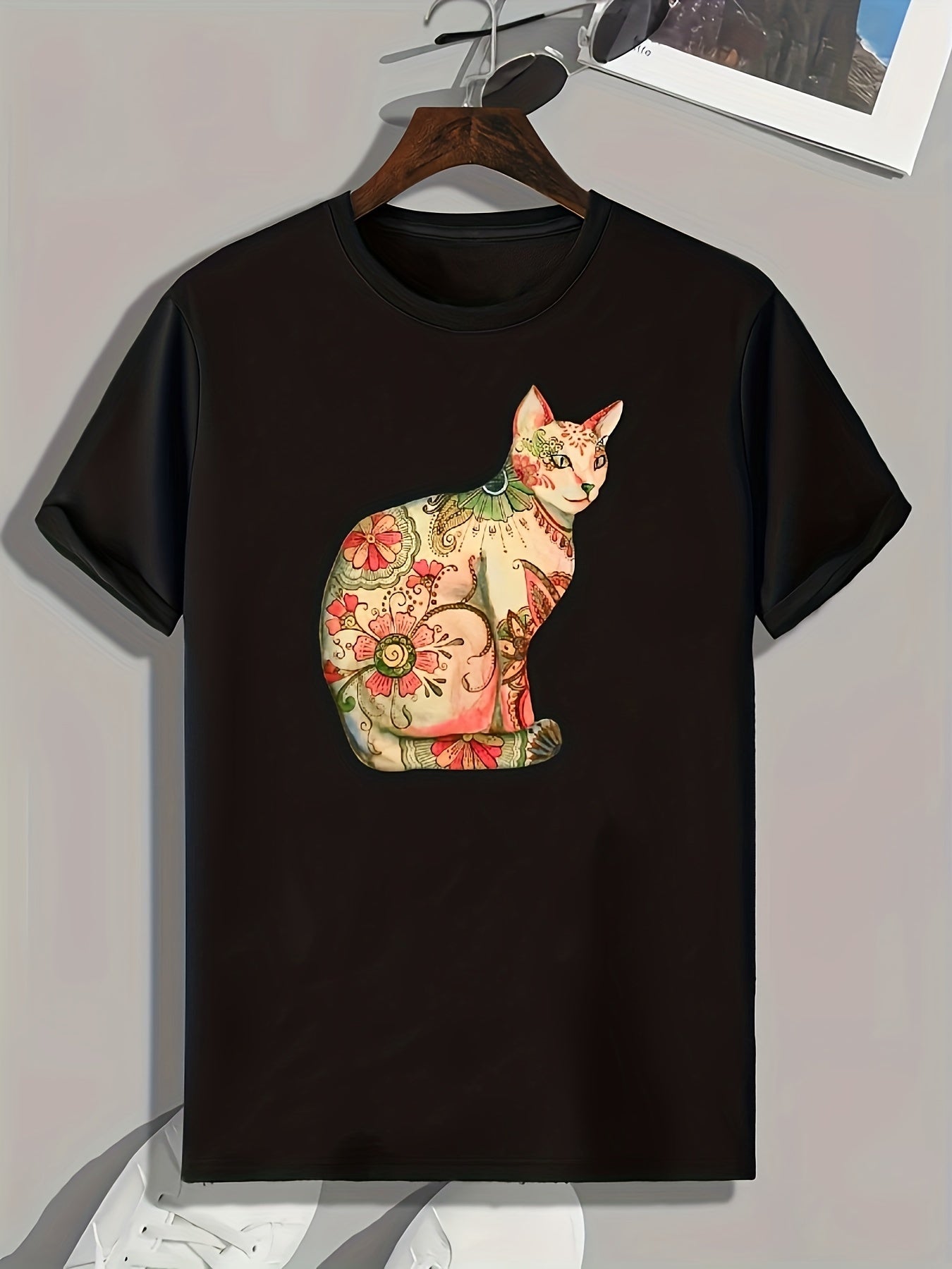 Colorful Cat Flowers Print Men's Graphic Tee Casual Comfy Summer Shirt