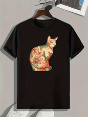 Colorful Cat Flowers Print Men's Graphic Tee Casual Comfy Summer Shirt