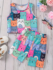 Kids Summer Cartoon Cat Tank Crop Top & Shorts Set