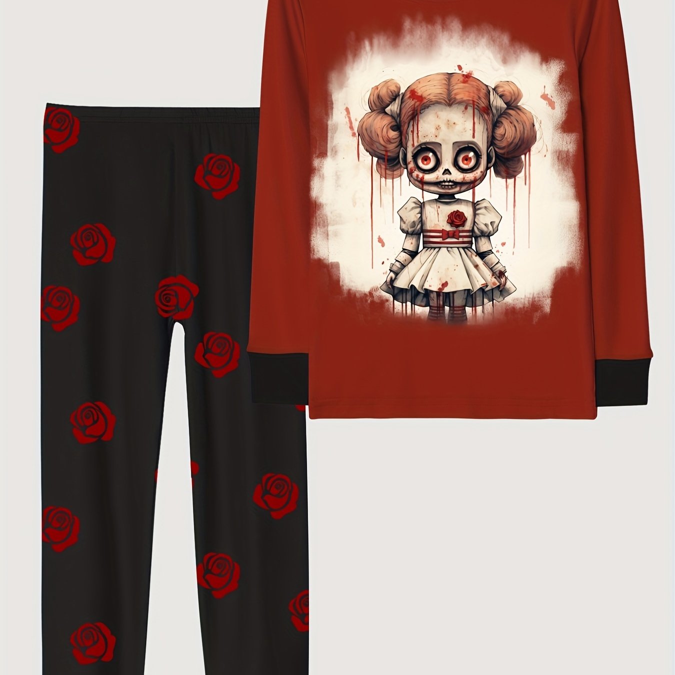 Skull Girl Pattern Kid's Pajamas Set Halloween Style Comfy PJ Girl's Loungewear