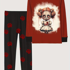 Skull Girl Pattern Kid's Pajamas Set Halloween Style Comfy PJ Girl's Loungewear