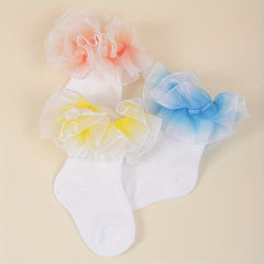 3 Pairs Girls Kids Lace Ruffled Floral Print Sweet Socks Breathable Comfy Socks