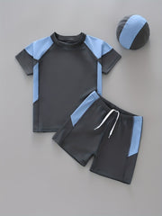 Boy's 3pcs Swimsuit Short Sleeve Top & Shorts & Swim Cap Beach Wear