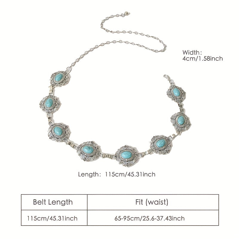 Turquoise Inlaid Metal Waist Chain Boho Tassel Belly Chain Dress Accessories