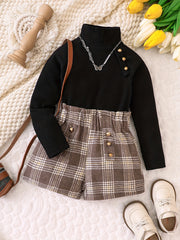 2pcs Girls Long Sleeves High Neck Top & Plaid Skirt Set