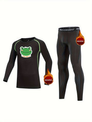 2pcs Kids Compression Fleece Sets Frog Pattern Crew Neck Pullover Matching Pants